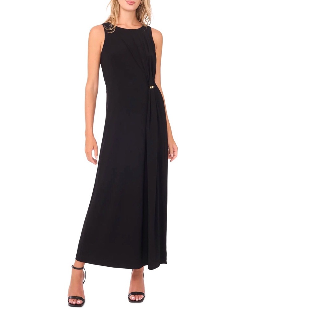 Vince Camuto Gathered Twist Maxi Dress Black Stretch Knit Sleeveless Size Small